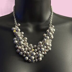 RMN silver tone cluster bead and AB bib necklace